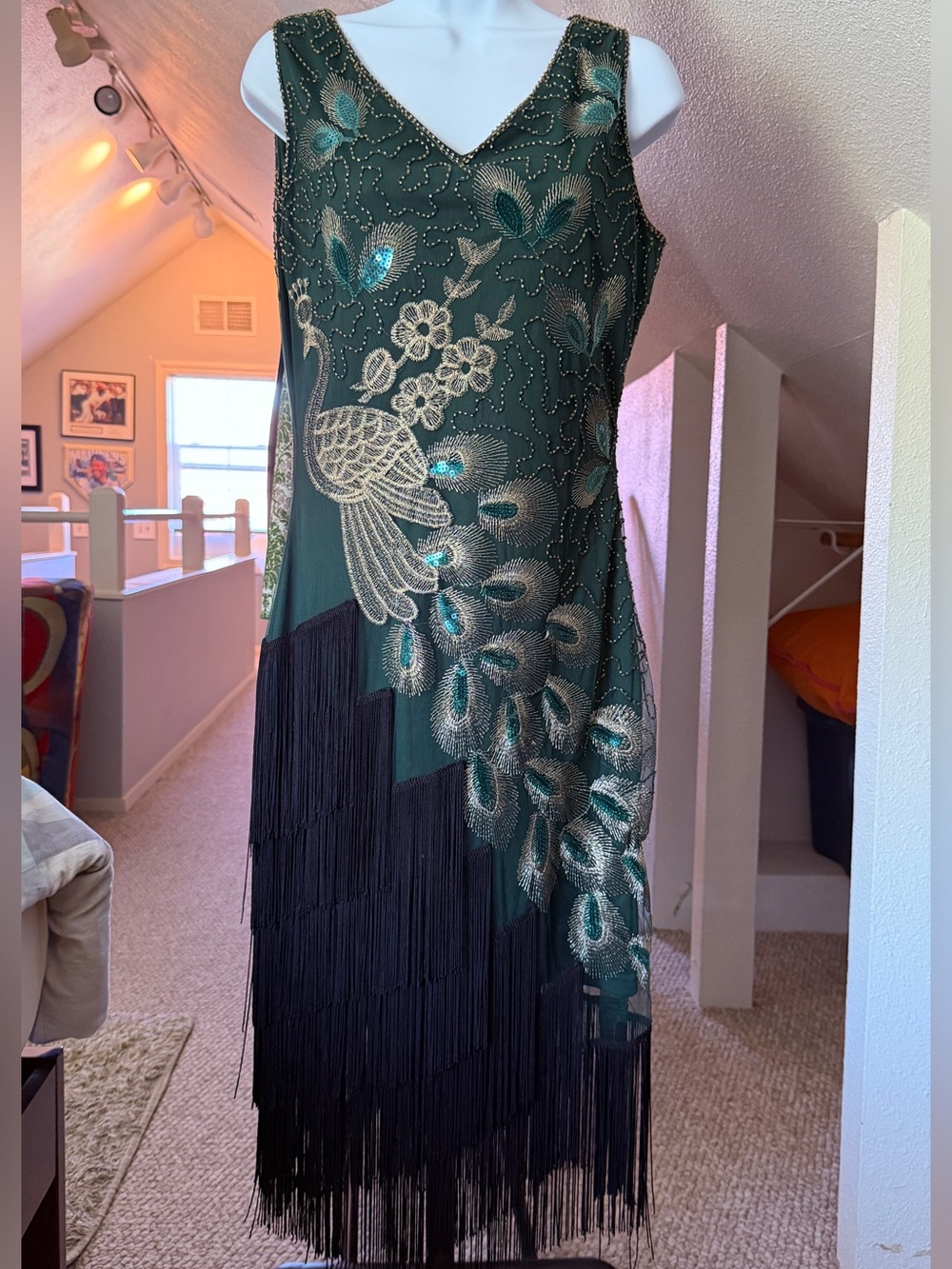 Green Beaded Peacock Fringe Dress